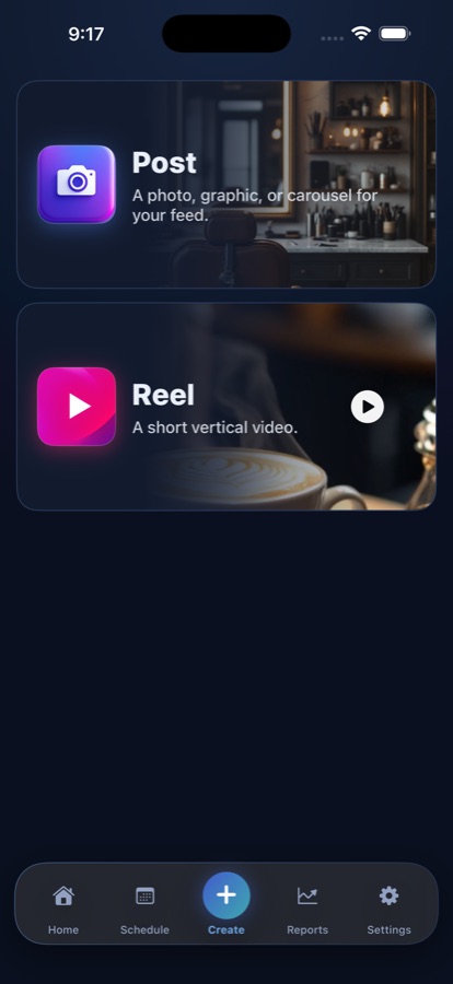 Create hub with Post, Reel, and Drafts