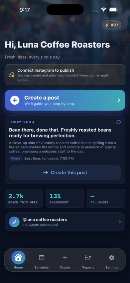 Somman Home tab with a daily AI post idea and Instagram stats